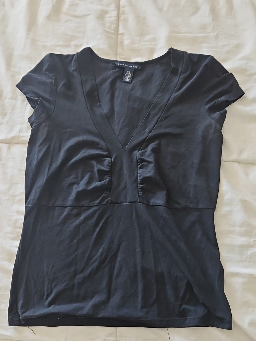 Banana Republic Black V-Neck Short Sleeve Top with Bust Ruching